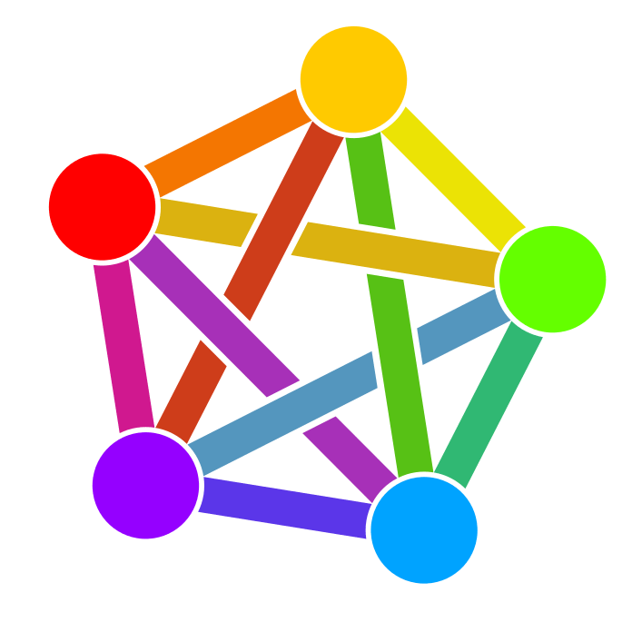 Ett pentagran med färglada punkter och de olika linjer som förenar dem varandra.