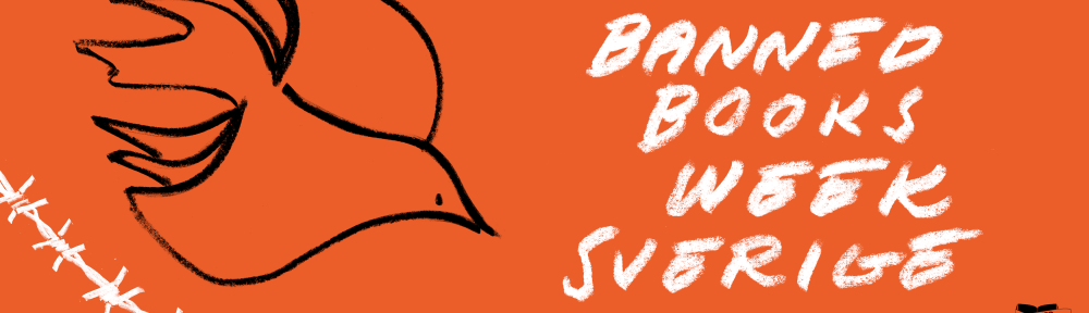 Orange bakgrund med vit text "Banned Books Week Sverige" och en skissad duva